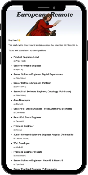 A Remote Messenger email on a phone, listing front-end jobs with the company name under each job title